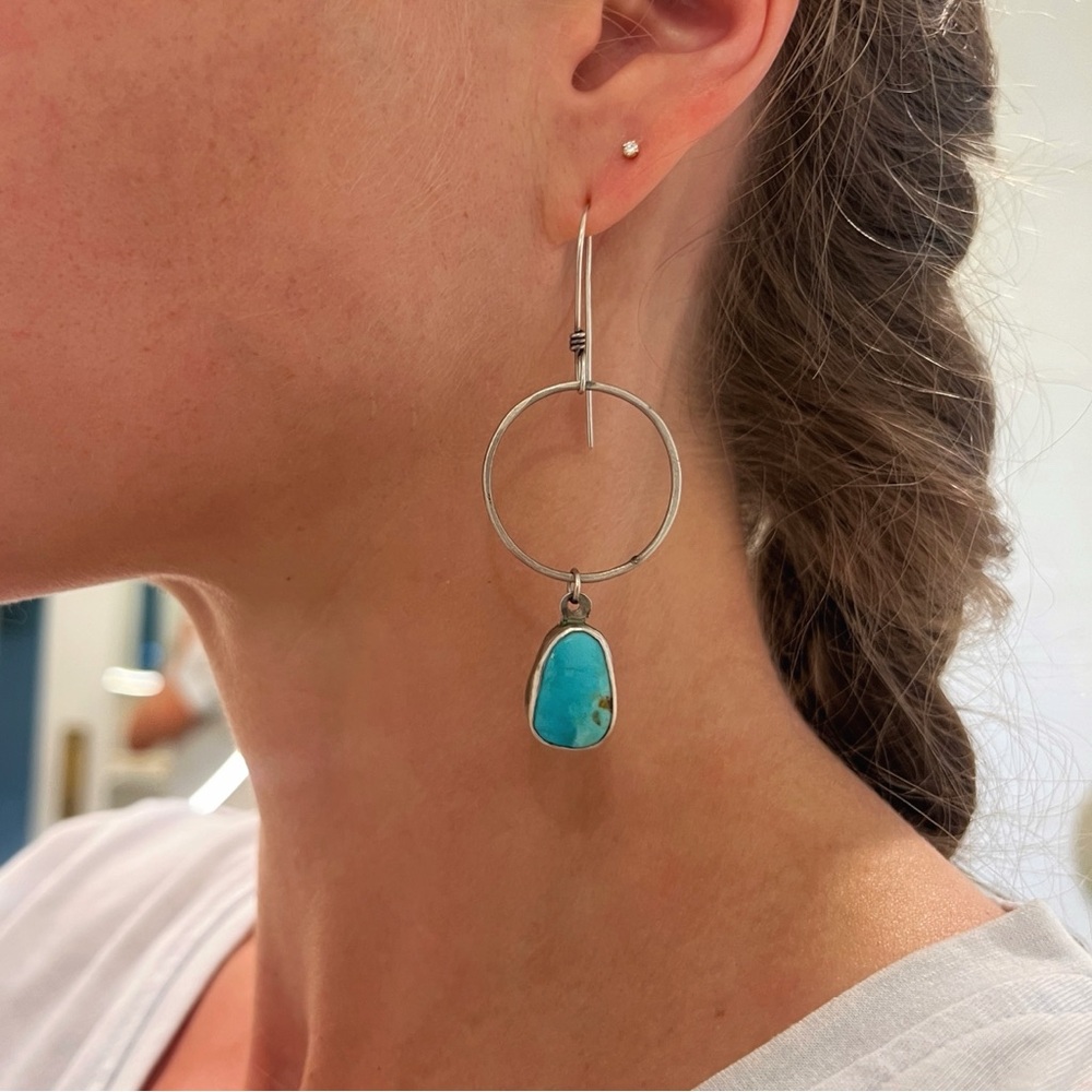 Silver Turquoise dangle hoop earrings
